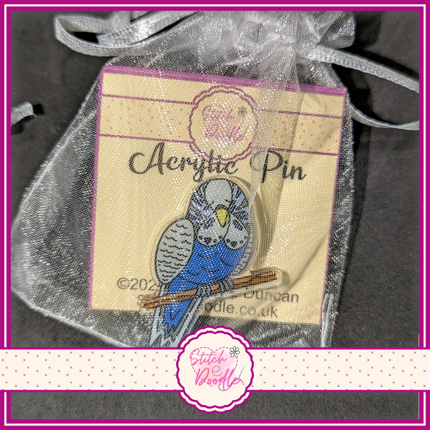 Blue Budgie Collectable Acrylic Pin - Adorn sweaters, scarves, bags and more