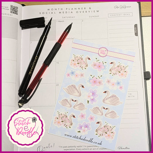 Sticker Sheet - Floral Swan - 16 stickers