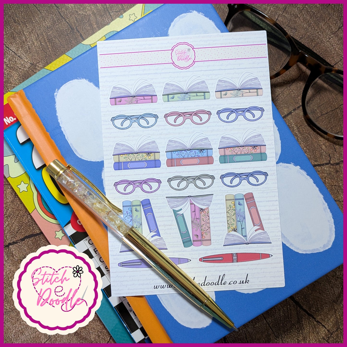 Sticker Sheet - Between the Pages books and glasses - 17 stickers