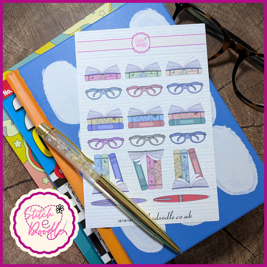 Sticker Sheet - Between the Pages books and glasses - 17 stickers