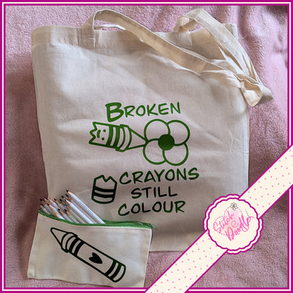 Tote Bag with Coordinating Pencil Case/Pouch.  Broken Crayons Still Colour - Green