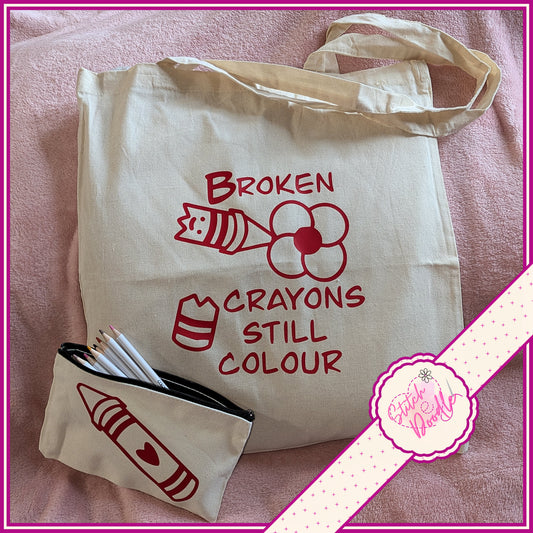 Tote Bag with Coordinating Pencil Case/Pouch.  Broken Crayons Still Colour - Red