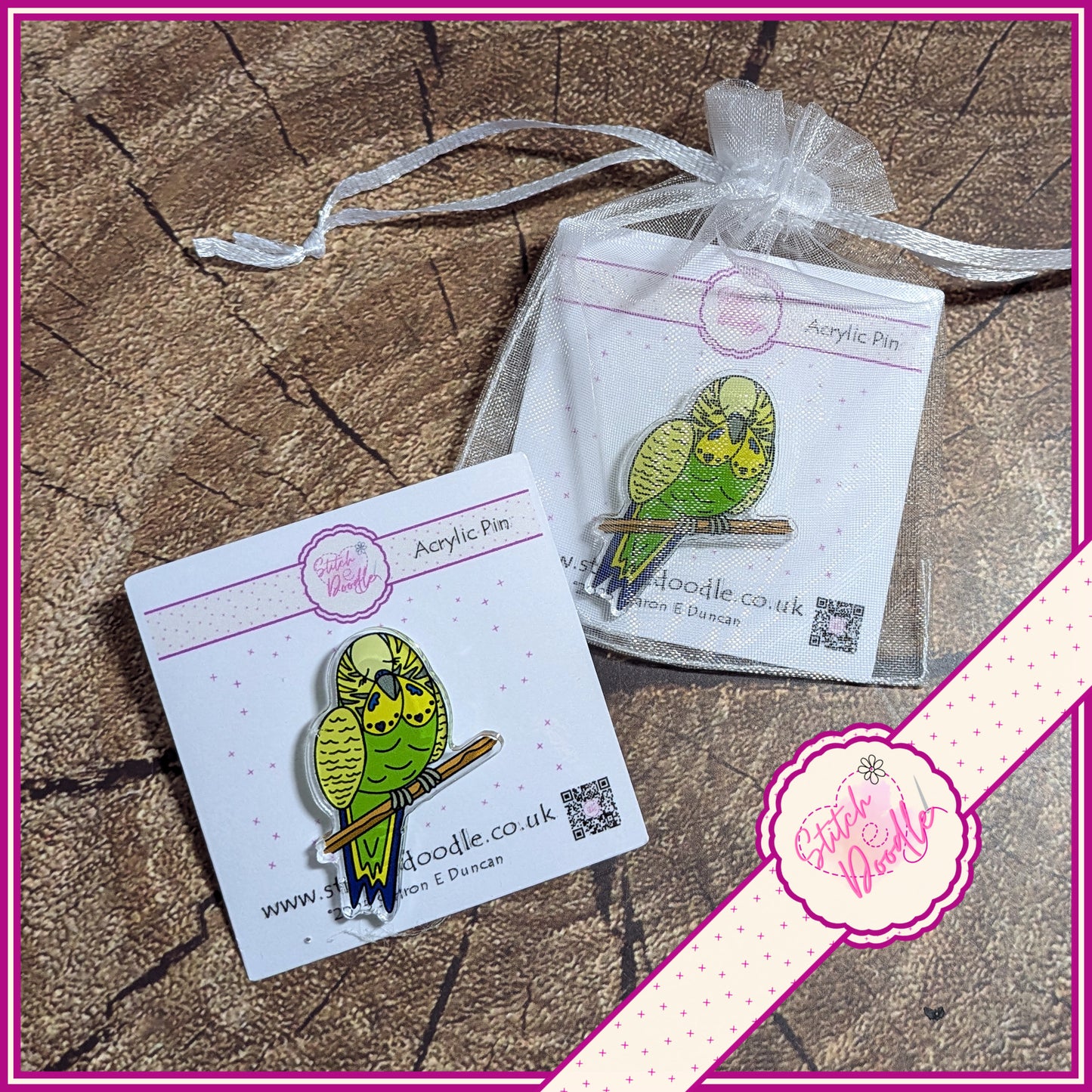 Green Budgie Collectible Acrylic Pin.