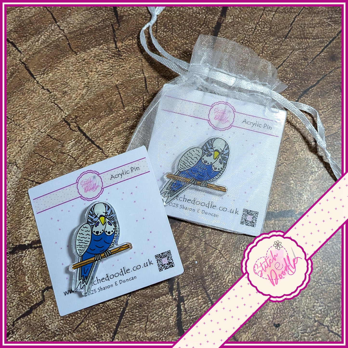 Blue Budgie Collectible Acrylic Pin.