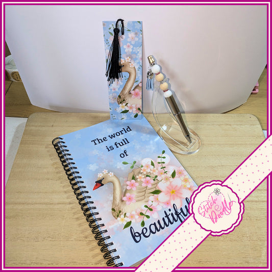 Gift Set - Elegant Swan - A5 Notebook, Beaded Pen and Bookmark.
