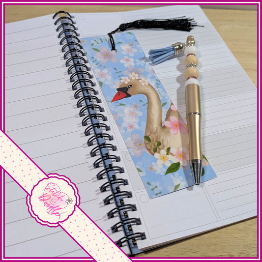 Gift Set - Elegant Swan - A5 Notebook, Beaded Pen and Bookmark.