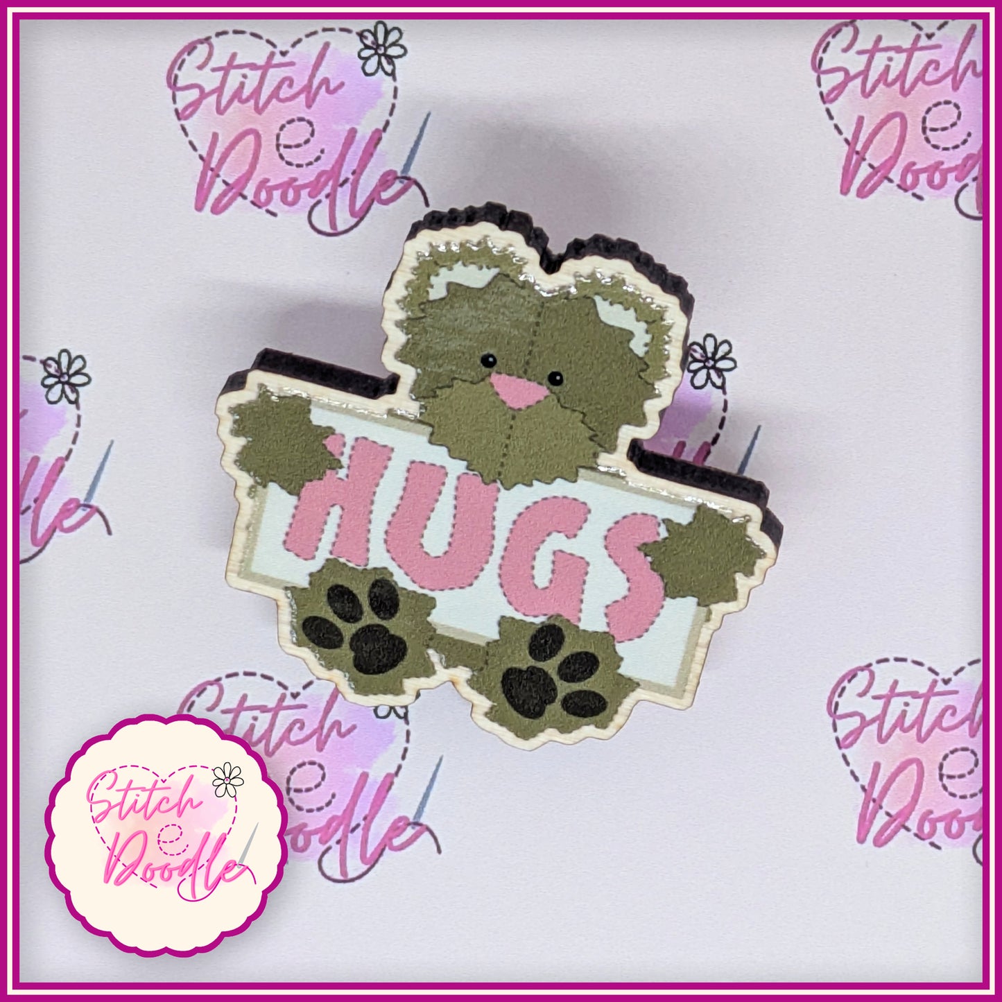 Bear Hug Collectible Wooden Pin - Brown bear.  FREE Panda Bear hug pin when you buy me.