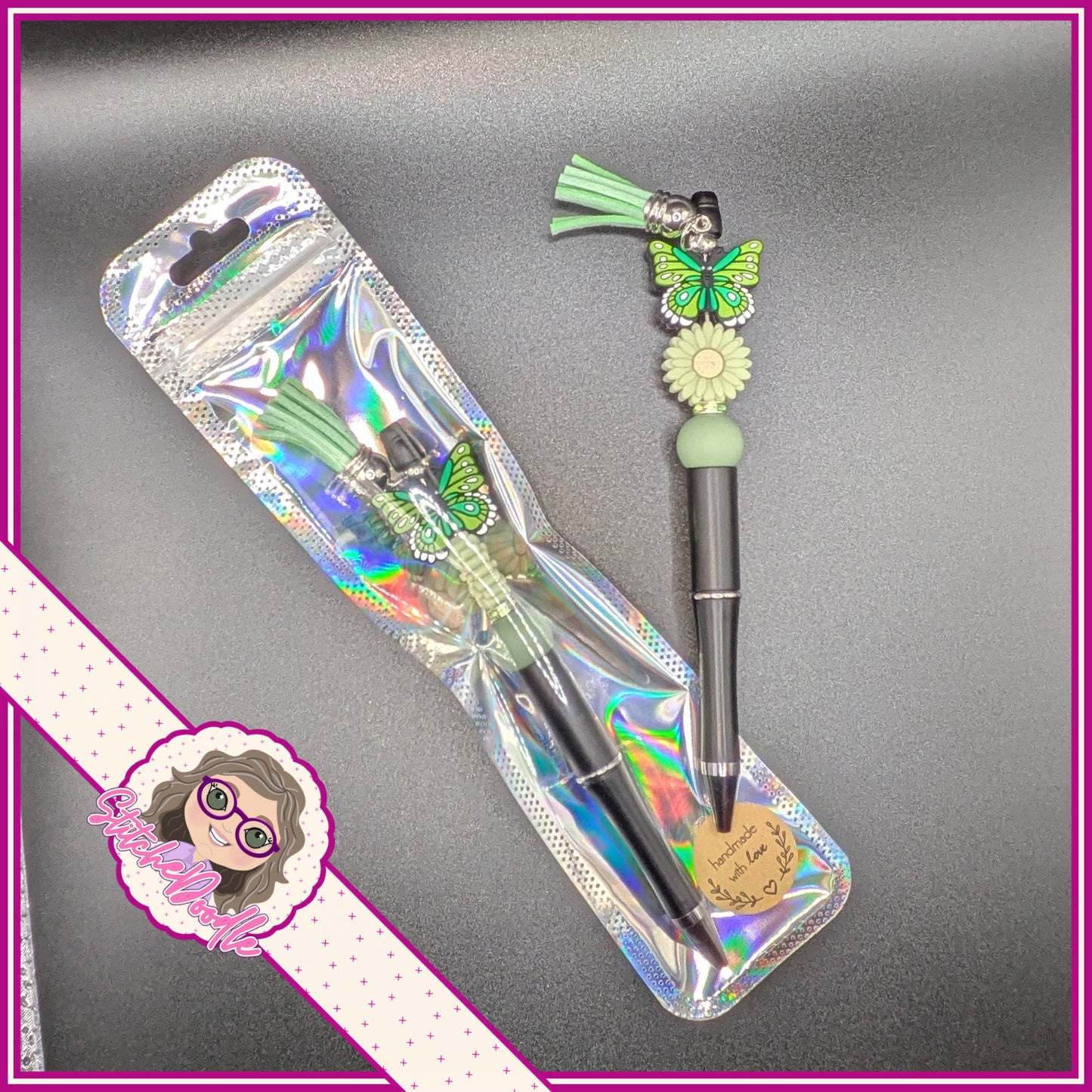 Butterfly Wings - Green - Handmade Beaded Pen with Tassel - Ideal Gift