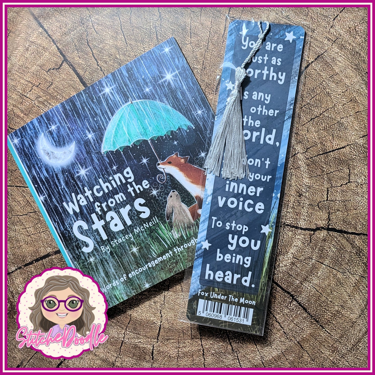 Bookmark with Tassel from  Fox Under the Moon.  Rabbit gazing at the moon.