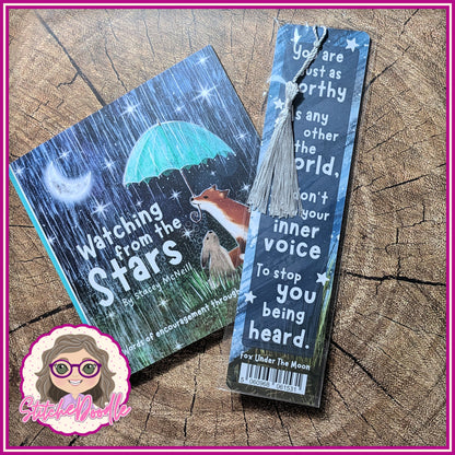 Bookmark with Tassel from  Fox Under the Moon.  Rabbit gazing at the moon.