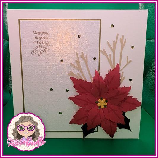 Poinsettia Sparkle Handmade Christmas Card with embellishments - Large 7" x 7" card and envelope (3 available)