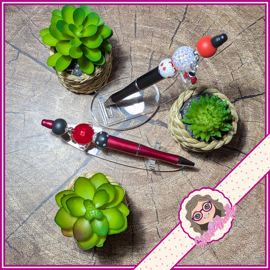 Set of 2 Ladybug Love Handmade Beaded Pens with Charms and Velvet Pouches