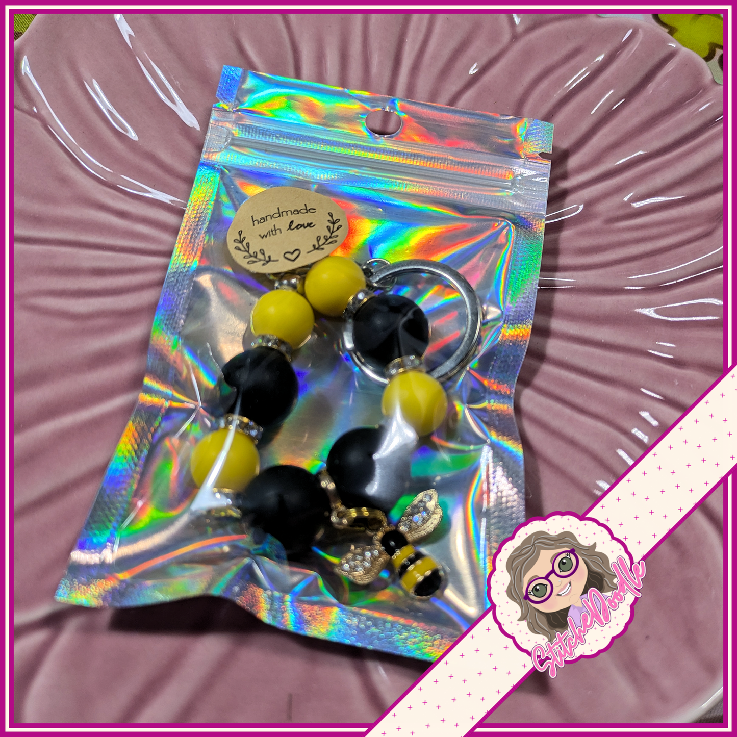 Bumble Bee Beaded Keyring with Charm - Ideal Gift