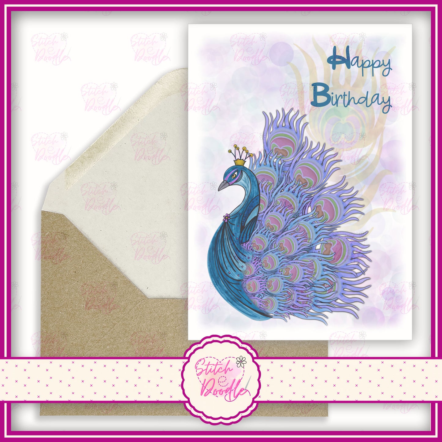 Elegant proud peacock with soft bubble background. 'Happy Birthday'.  A6 Greeting Card and Envelope.