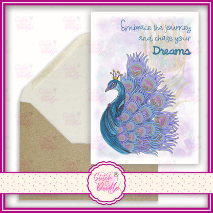 Elegant proud peacock with soft bubble background. 'Embrace the journey and chase your dreams'.  A6 Greeting Card and Envelope.