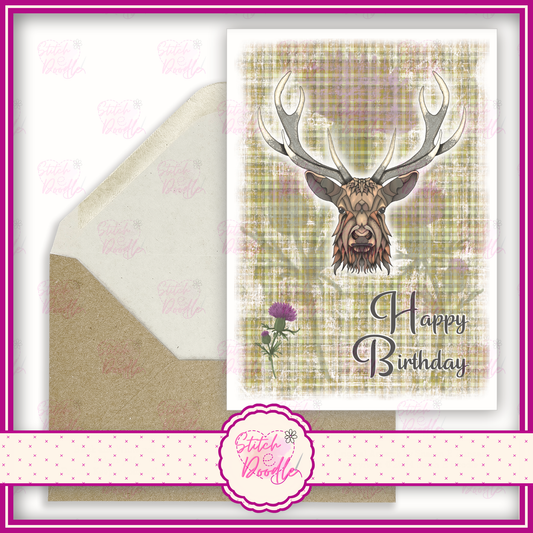 Regal Stag with tan tartan 'Happy Birthday'.  A6 Greeting Card and Envelope.