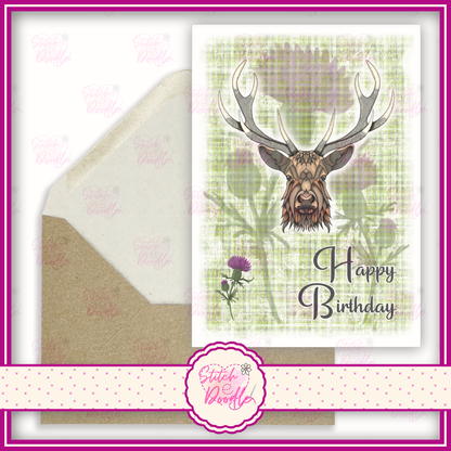 Regal Stag with green tartan 'Happy Birthday'.  A6 Greeting Card and Envelope.