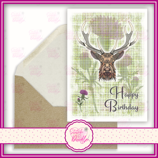 Regal Stag with green tartan 'Happy Birthday'.  A6 Greeting Card and Envelope.