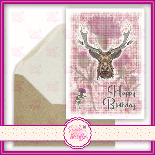 Regal Stag with red tartan 'Happy Birthday'.  A6 Greeting Card and Envelope.