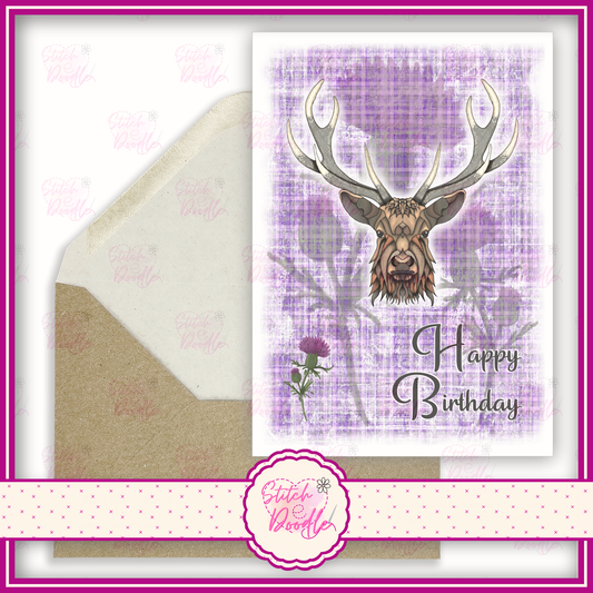 Regal Stag with purple tartan 'Happy Birthday'.  A6 Greeting Card and Envelope.