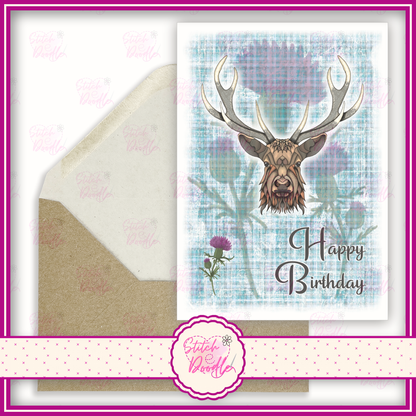 Regal Stag with blue tartan 'Happy Birthday'.  A6 Greeting Card and Envelope.