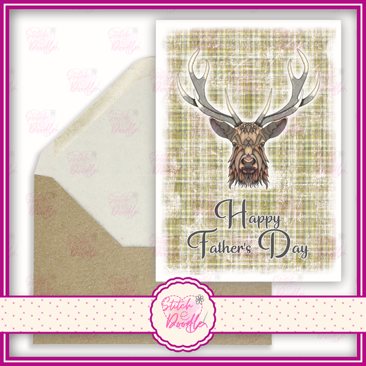 Regal Stag with tan tartan 'Happy Father's day.  A6 Greeting Card and Envelope.