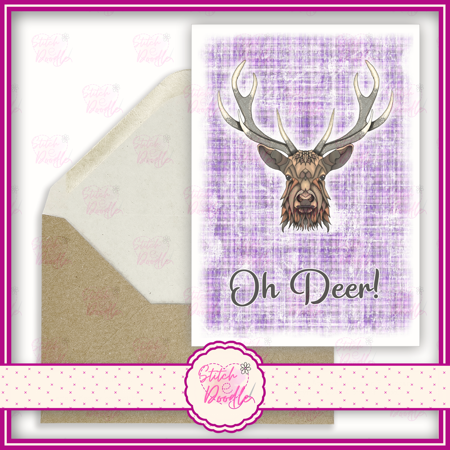 Regal Stag with purple tartan 'Oh deer'.  A6 Greeting Card and Envelope.