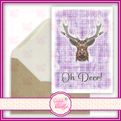 Regal Stag with purple tartan 'Oh deer'.  A6 Greeting Card and Envelope.