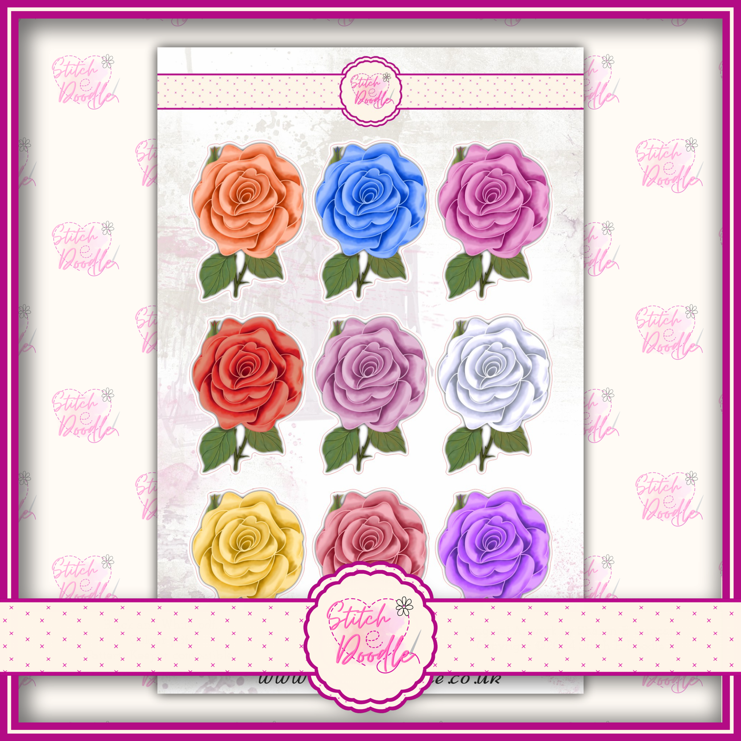 Sticker Sheet - Paintbox Petals - Roses large - 9 stickers