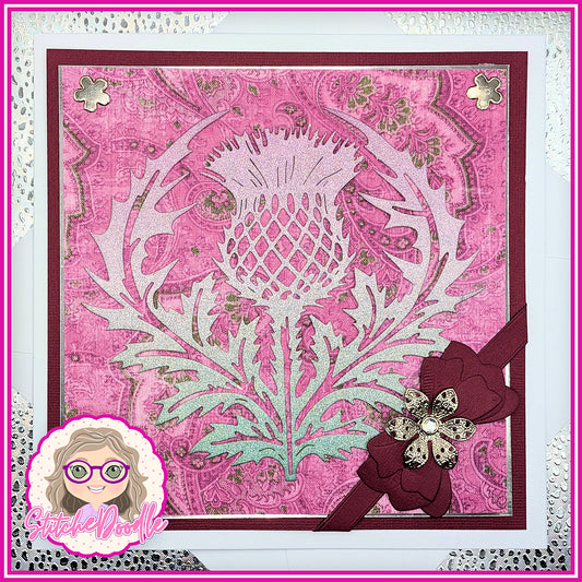 Glittery Thistle Handmade Christmas Card with embellishments - Large 7" x 7" card and envelope (Th01)