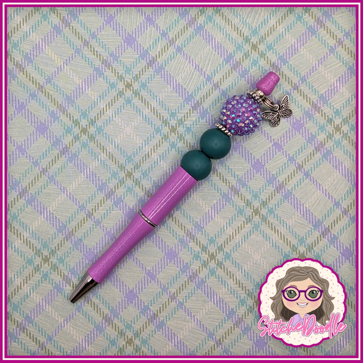 Thistle Sparkle Handmade Beaded Pen with Butterfly Charm  - Ideal Gift