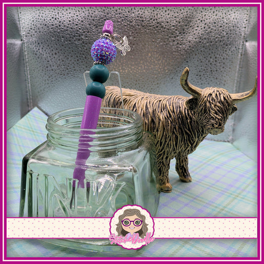 Thistle Sparkle Handmade Beaded Pen with Butterfly Charm  - Ideal Gift