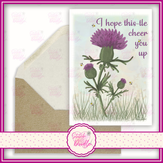 Watercolour Thistle artwork. 'I hope this-tle cheer you up'.  A6 Greeting Card and Envelope.