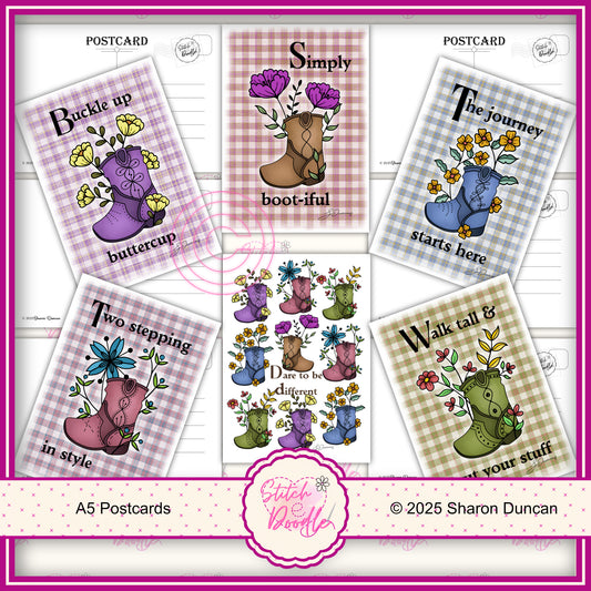 A5 Art Print/Postcard 6 Piece Collection - Western Boots with Uplifting Quotes