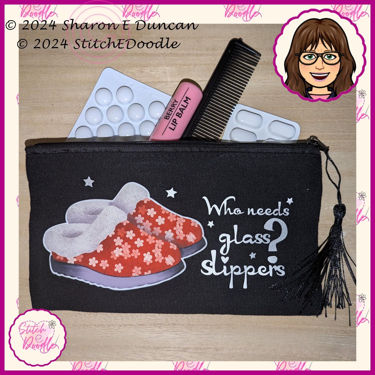 Secret Santa, Pencil case, Make up bag, etc with tassel. 'Who needs glass slippers? Chocolate understands'.Original artwork by Sharon Duncan