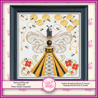 Beautiful and Elegant Cross Stitch Chart featuring Queen Bee Maiden. PDF & Pattern Keeper compatible. DMC floss. Includes printable tracker.