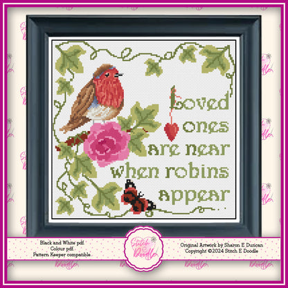 Robins Appear When Loved Ones are Near Sentimental Cross Stitch Chart.  DMC floss.  PDF and Pattern Keeper.  Includes printable tracker.