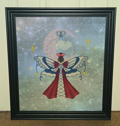 Beautiful Elegant Cross Stitch Chart featuring Scarlet Moth Maiden. PDF & Pattern Keeper compatible. DMC floss. Includes printable tracker.