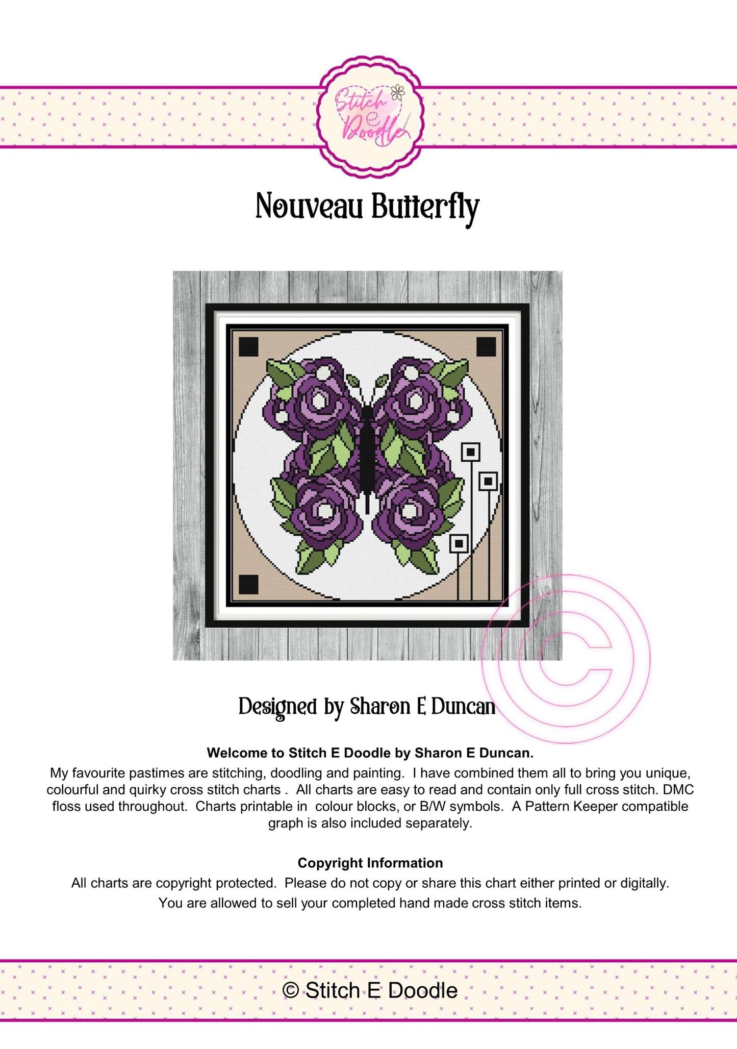 Nouveau Rose Butterfly.  Deco Style Cross Stitch Chart.  PDF and Pattern Keeper.  Includes printable tracker.