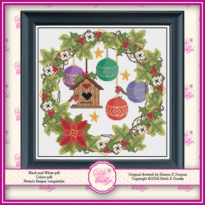 Festive Ivy Wreath Christmas Cross Stitch Chart.  PDF and Pattern Keeper.  DMC floss.  Includes printable tracker.  Instant Download.