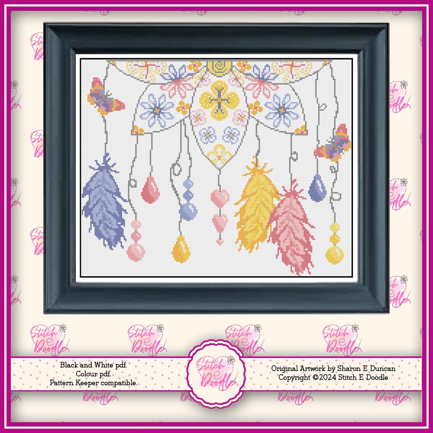 Pretty Pastel Dream Catcher Cross Stitch Chart.  PDF and Pattern Keeper.  DMC floss.  Includes printable tracker.  Instant Download.