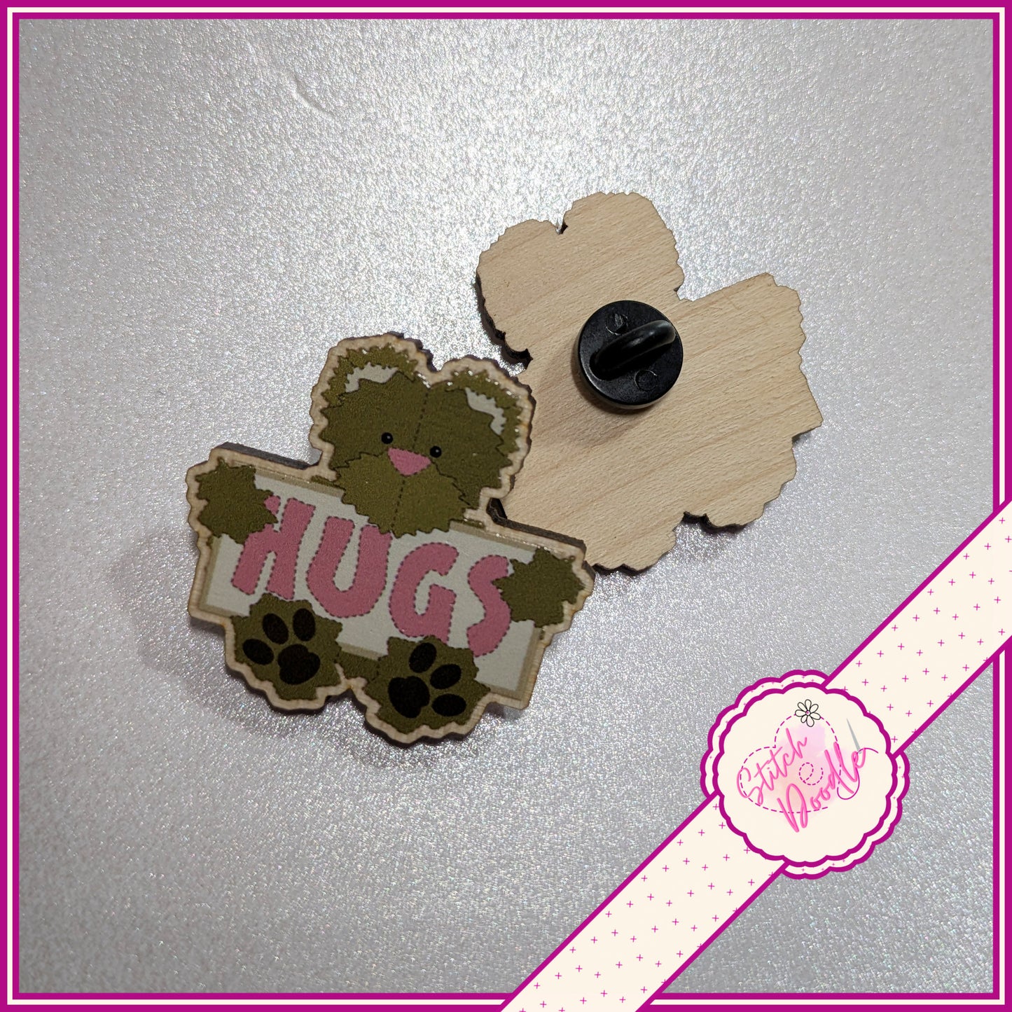 Bear Hug Collectible Wooden Pin - Brown bear.  FREE Panda Bear hug pin when you buy me.