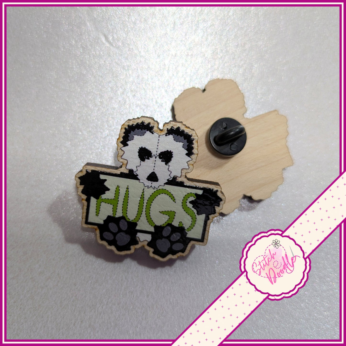 Bear Hug Collectible Wooden Pin - Panda bear.  FREE Brown Bear hug pin when you buy me.