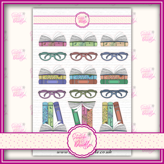 Sticker Sheet - Between the Pages books and glasses - 17 stickers