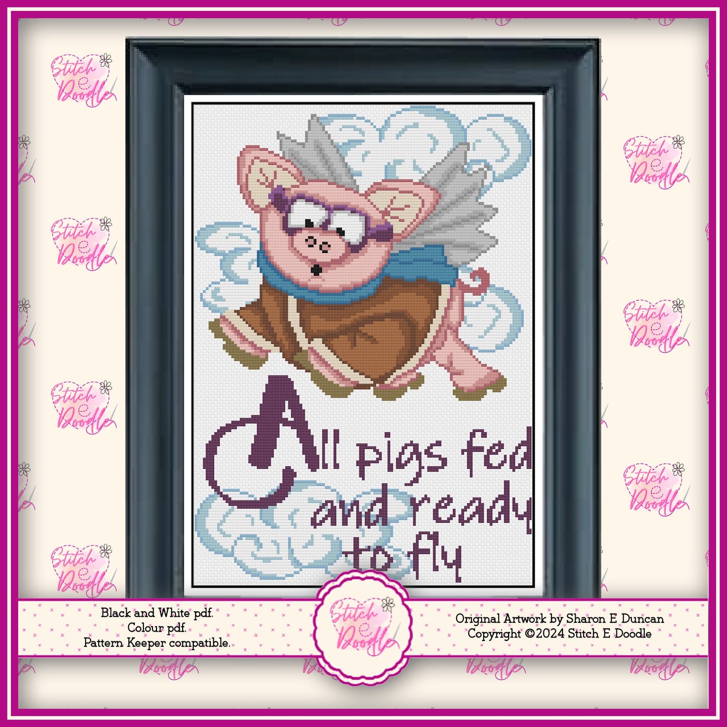 All Pigs Fed and Ready to Fly Cross Stitch Chart. Comical design. PDF and Pattern Keeper compatible. DMC floss. Includes printable tracker.