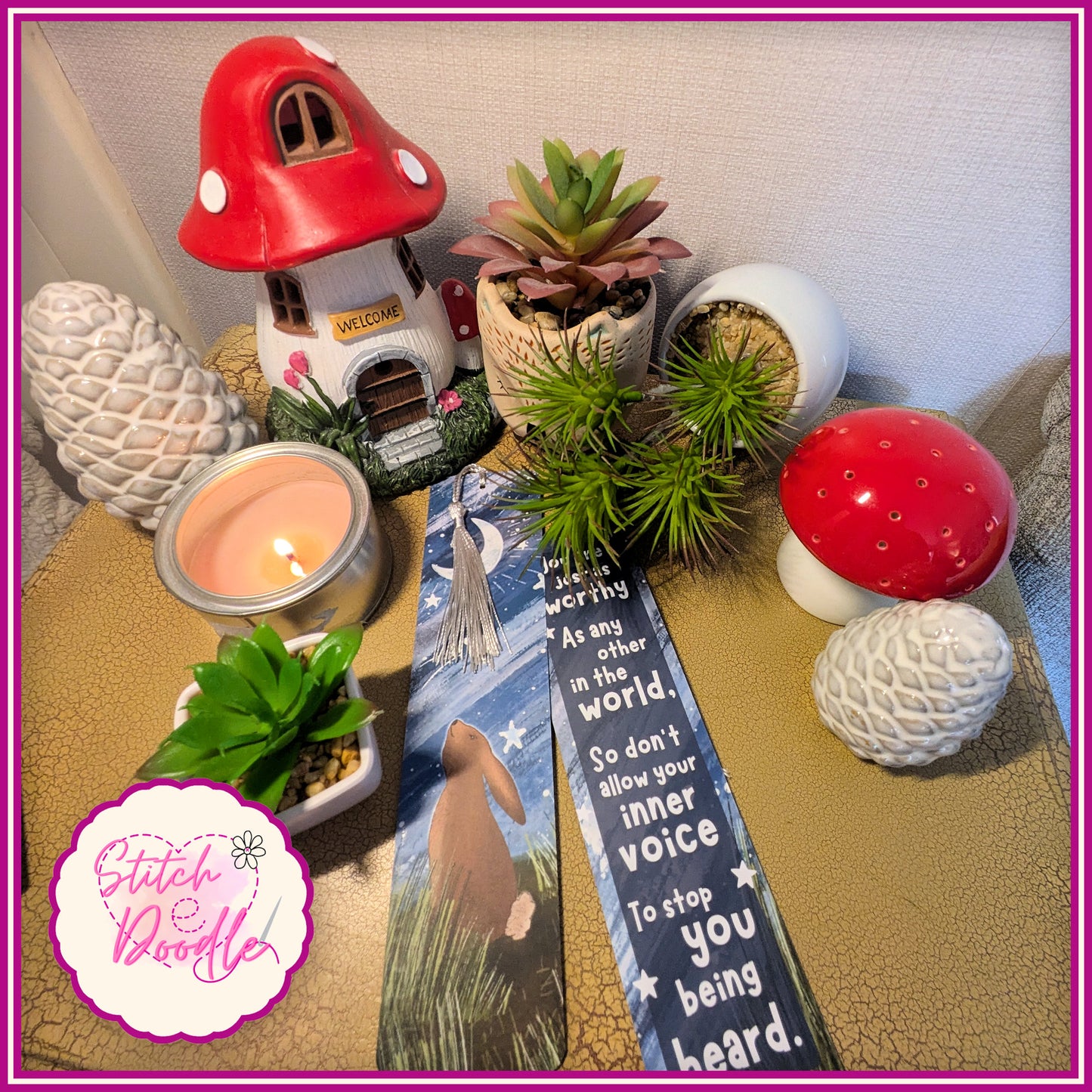 Bookmark with Tassel from  Fox Under the Moon.  Rabbit gazing at the moon.