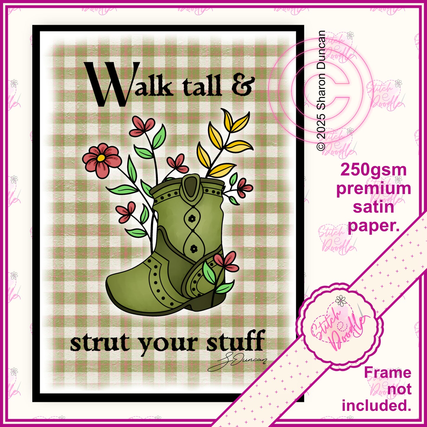 Western Boots - Plaid Floral Affirmation Print - Green.