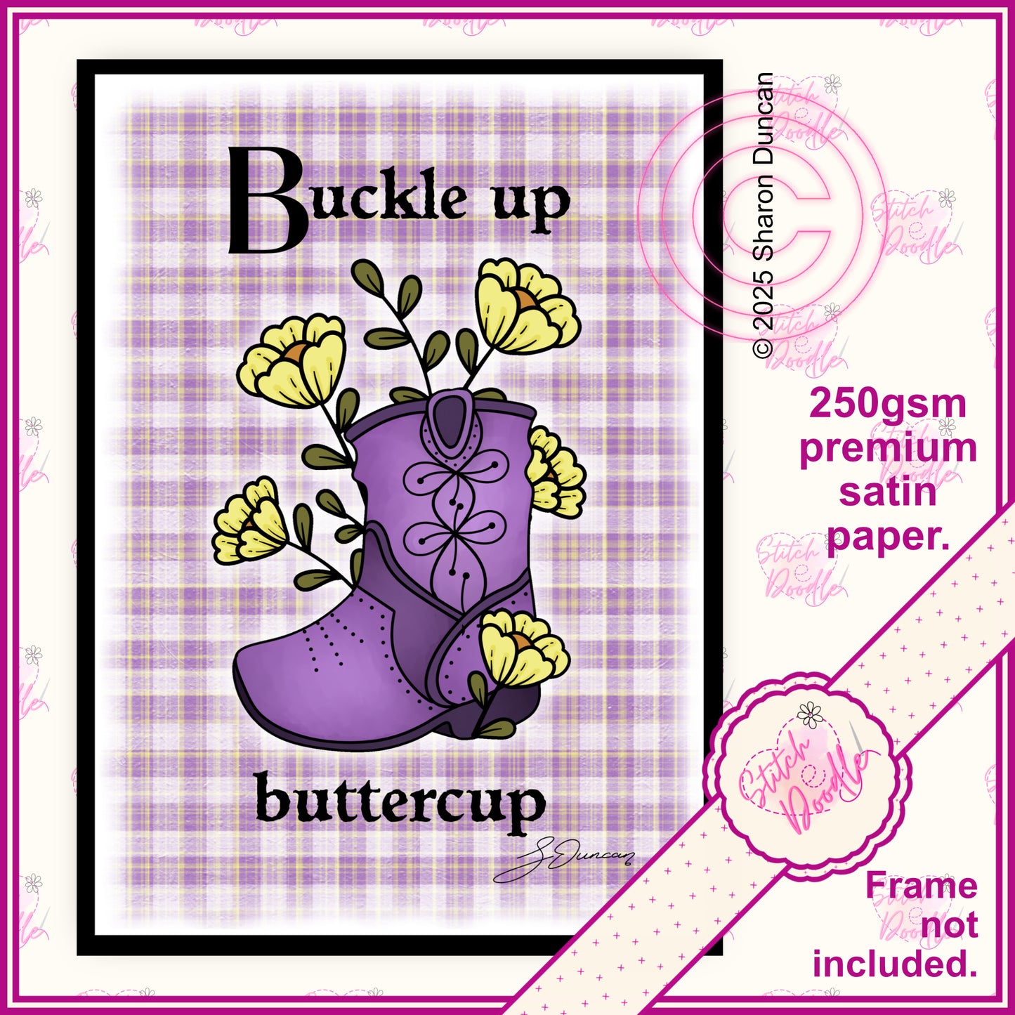 Western Boots - Plaid Floral Affirmation Print - Purple.