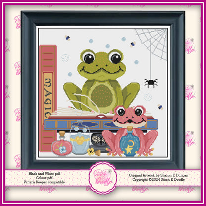 Majestic Froggie Magical Halloween Cross Stitch Chart.  PDF and Pattern Keeper.  DMC floss. Includes printable tracker.  Instant Download.