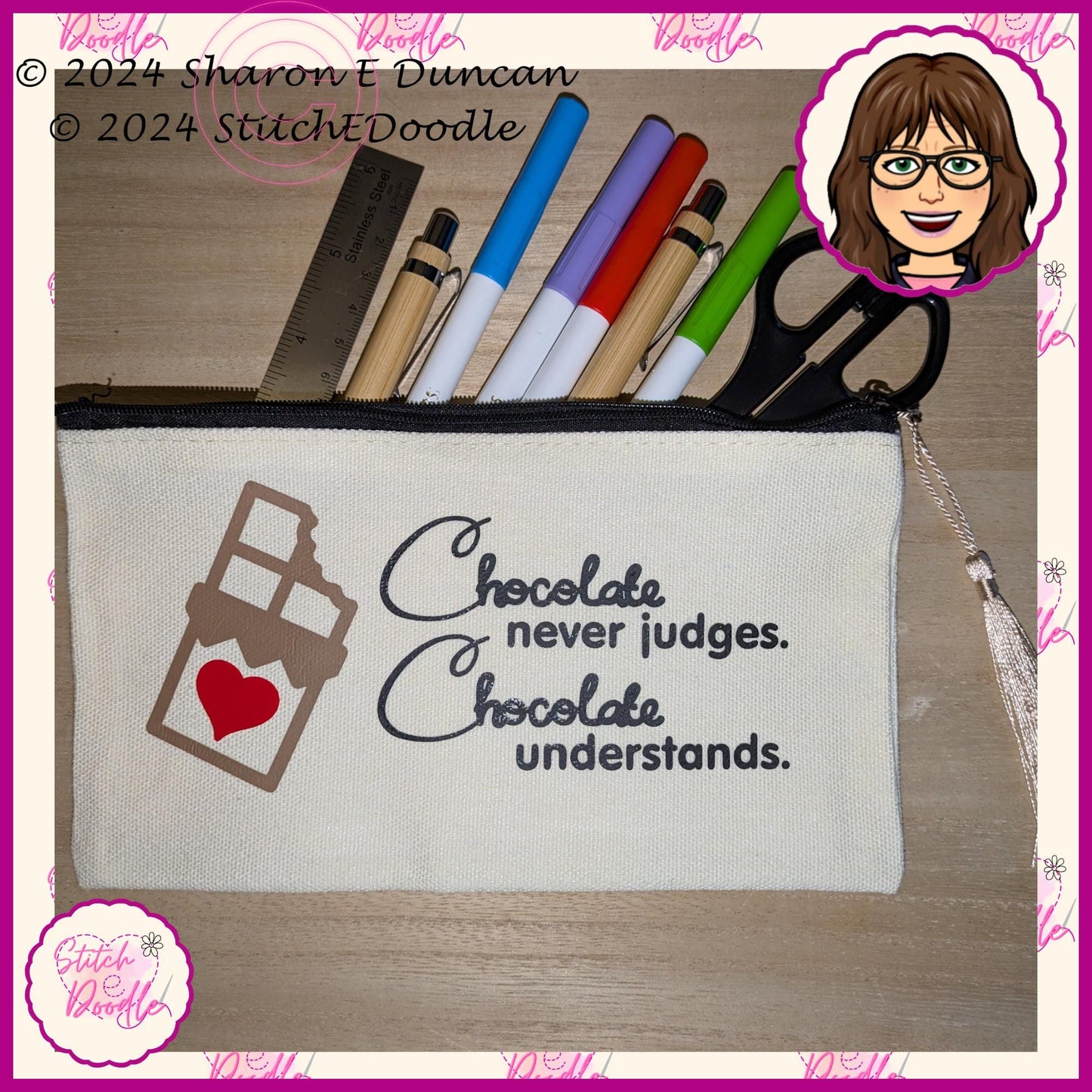 Secret Santa, Pencil case, Make up bag, etc with tassel. 'Chocolate doesn't judge, Chocolate understands'. Original artwork by Sharon Duncan